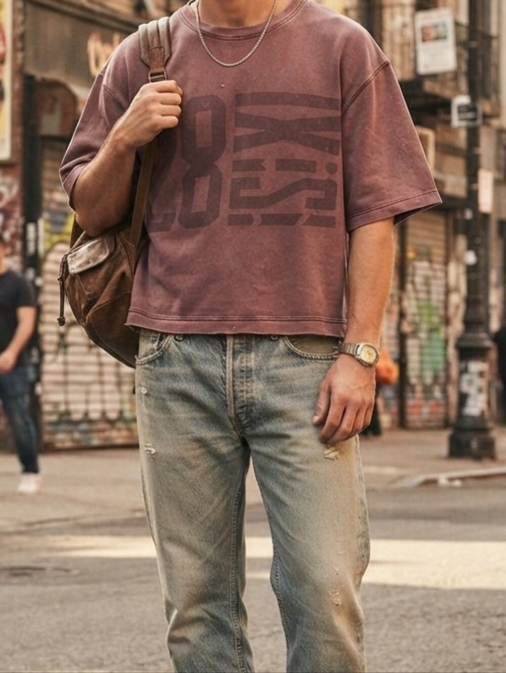 Vintage Street Scenes Acid Wash Graphic T-Shirt XL 100% Cotton Burgundy Red